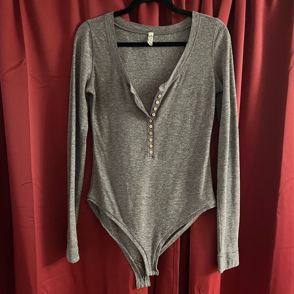 Gray/ Purple Free People Long Sleeve Bodysuit with Button Detail - Picture 2 of 5